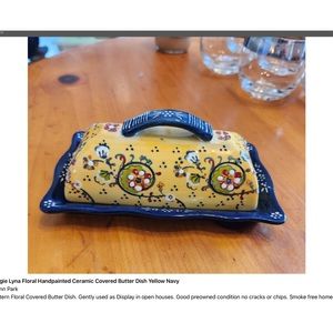 Anthropologie Lyna Floral Handpainted Ceramic Covered Butter Dish Yellow Navy